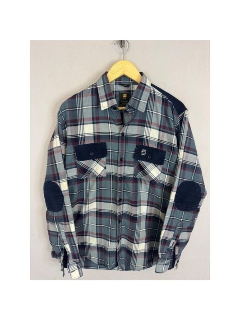 G-Star Raw Mens Slim Fit Plaid Button Down Shirt Corduroy Trim Blue Grey XL